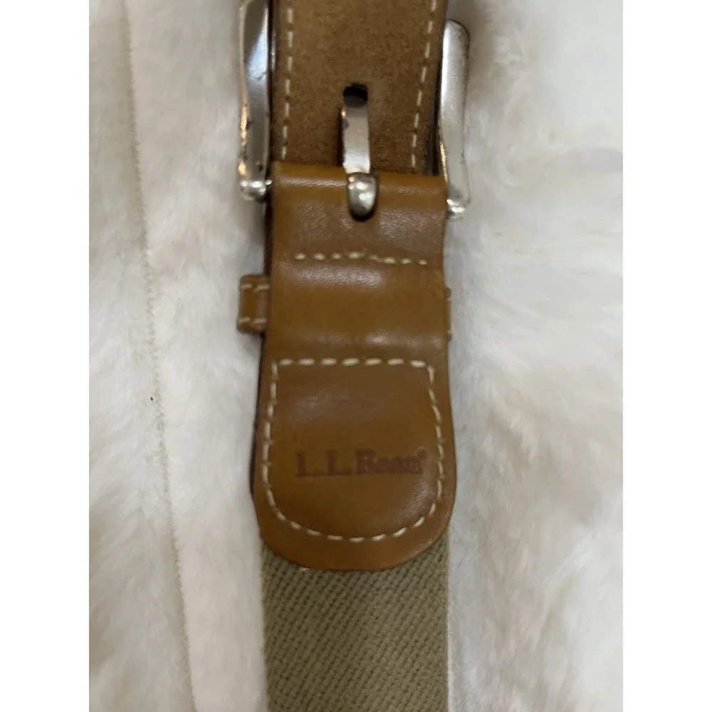 L.L. Bean‎ Stretch Canvas Belt Mens 46 Brown Leather Trim Khaki Woven Excellent